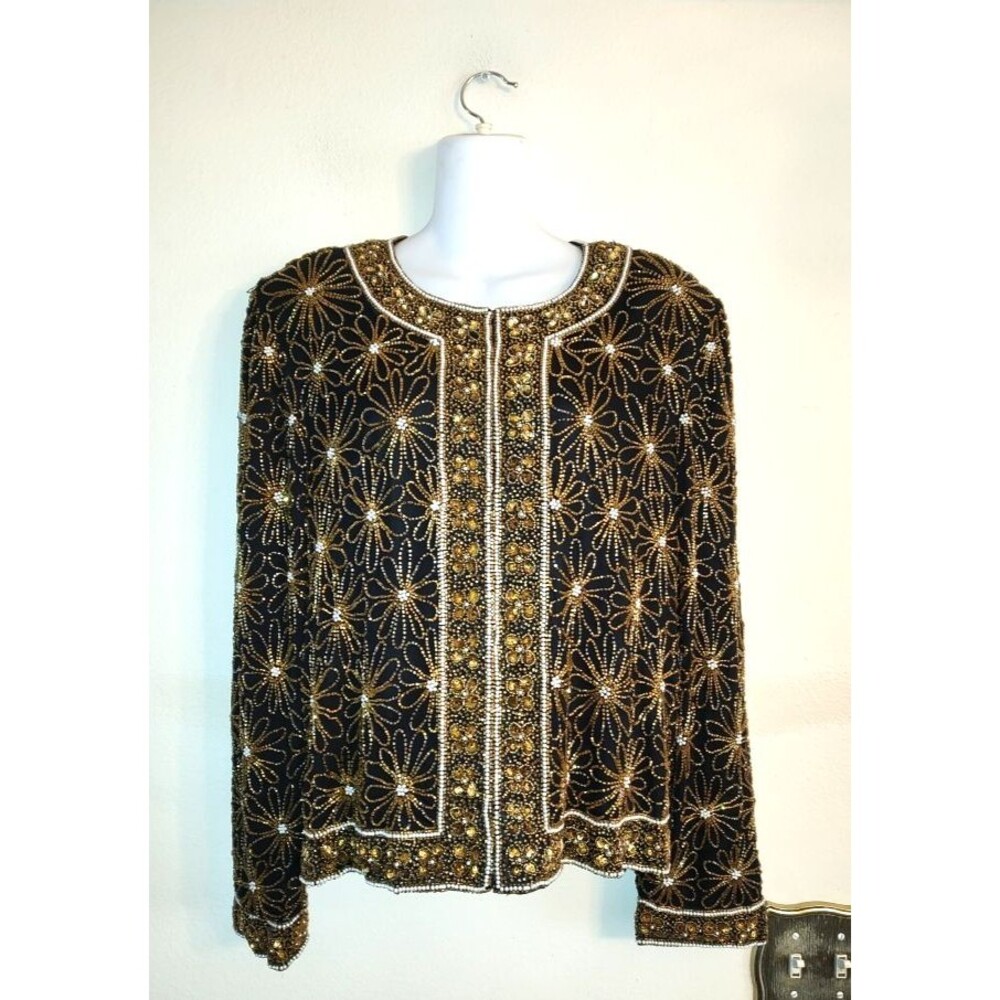 Vintage Women's Papell Boutique 100% Silk Party Black Gold Heavy Jacket Size L